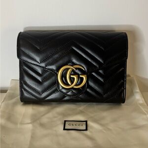Gucci Wallet on Chain Black Leather Clutch with Gold Logo